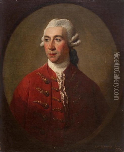 Portrait Of A Gentleman, Bust-length, In A Red Coat, Within A Painted Oval Oil Painting - David Martin