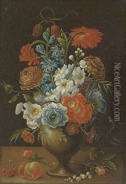 Roses, carnations, daffodils and other flowers in a vase on a ledge Oil Painting - Balthasar Van Der Ast