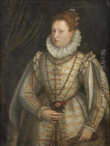 Portrait Of A Noble Lady, Three-quarter Length, In A White And Gold Embroidered Dress Oil Painting - Lavinia Fontana