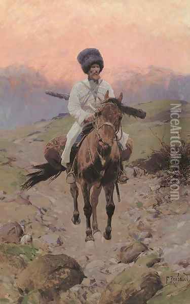 A Cossack on horseback at sunset Oil Painting - Frants Alekseevich Rubo