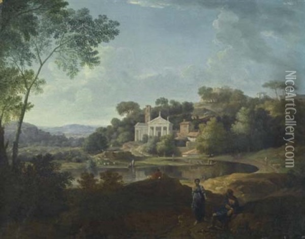 Landschaft Mit Tempel Und Campanile Bei Einem See Oil Painting - Jan Frans van Bloemen