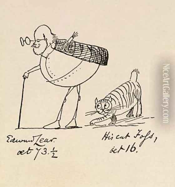 Edward Lear Aged 73 and a Half and His Cat Foss Aged 16 Oil Painting - Edward Lear