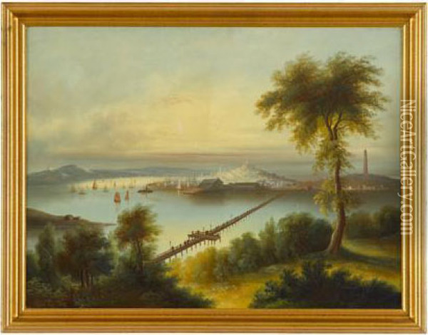 Boston Harbor View With State House And Bridge To Charlestown Oil Painting - Edmund C. Coates