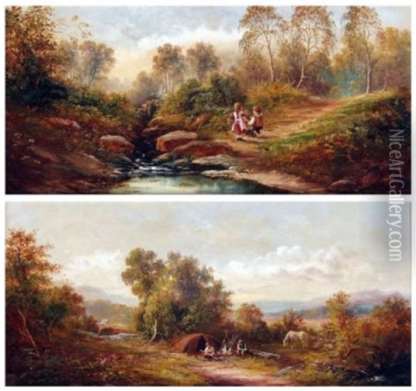Landscape With Young Children By A Stream And Further Landscape With Gypsy Encampment (2 Works) Oil Painting - Henry Hotham Harris