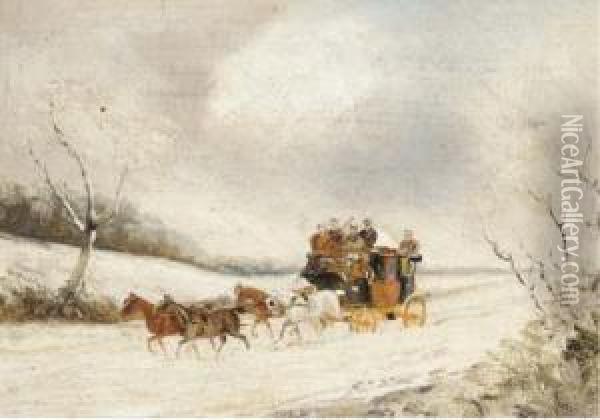 A Stage Coach In A Winter Landscape; And A Stage Coach In A Summerlandscape Oil Painting - Philip H. Rideout