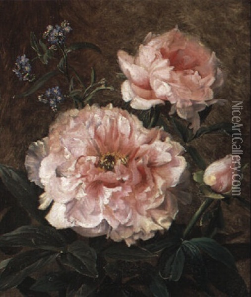 Paeoner, Rose Og Forglemmigej Oil Painting - Olaf August Hermansen