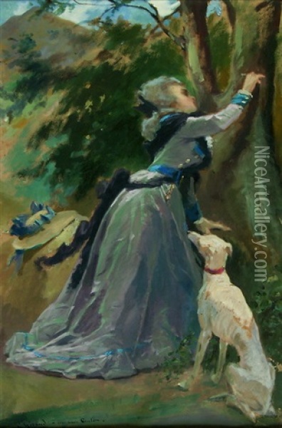Junge Frau Mit Hund In Parklandschaft Oil Painting - Henri Emile Giraud