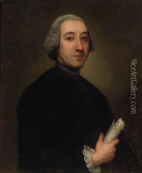Portrait Of A Gentleman, Half-length, Holding A Scroll Oil Painting - Alessandro Longhi