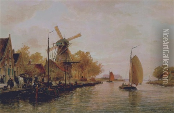 De Rembrand Molen Te Hazerswoude Aan De Nieuwe Rhijn Bij Leiden Oil Painting - Cornelis Christiaan Dommelshuizen