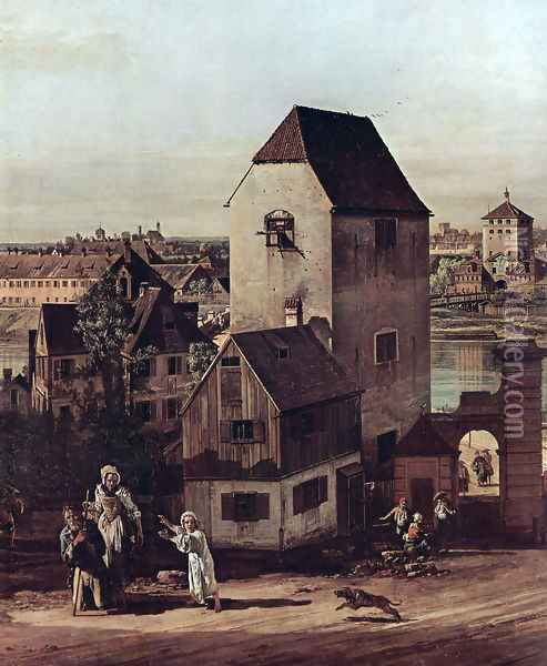 View from Munich, The Bridge gate and the Isar, Munich Heidhausen view, Detail 1 Oil Painting - Bernardo Bellotto