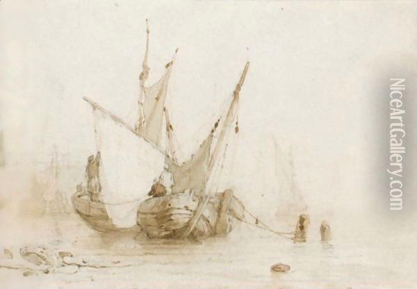 Anchored Boats At Low Tide Oil Painting - Richard Parkes Bonington