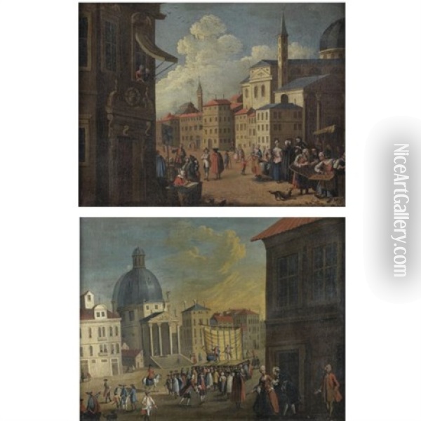 A Capriccio View Of An Italian City With A Market Place In The Foreground (+ A Capriccio View Of An Italian City With A Crowd Watching A Play; Pair) Oil Painting - Gabriel Bella