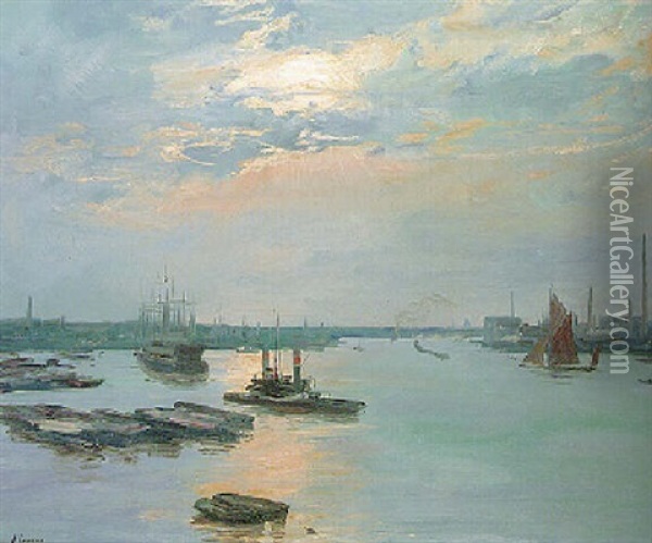 The River Thames At Greenwich, Evening Oil Painting - John Lavery