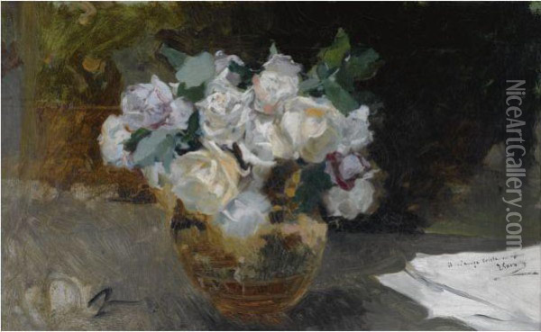 Bodegon De Rosas Blancas (bouquet Of White Roses) Oil Painting - Joaquin Sorolla Y Bastida
