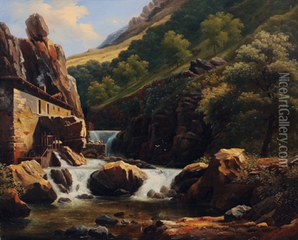 Waterfall In Thiers Oil Painting - Alexandre Francois Loisel