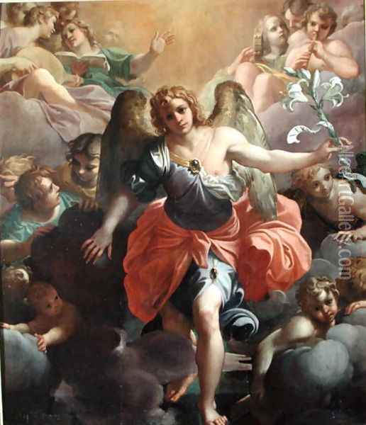Angel Gabriel in Glory with Angel Musicians and Cherubs Oil Painting - Agostino Carracci