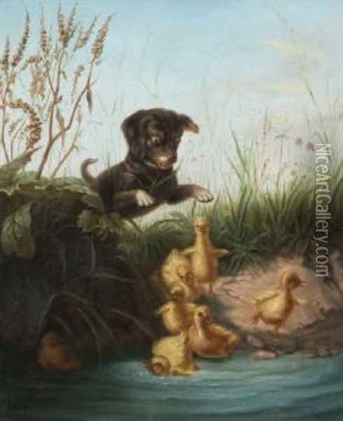 Junger Hund Mit Kuken Am Ufer Oil Painting - Ludwig Hartmann