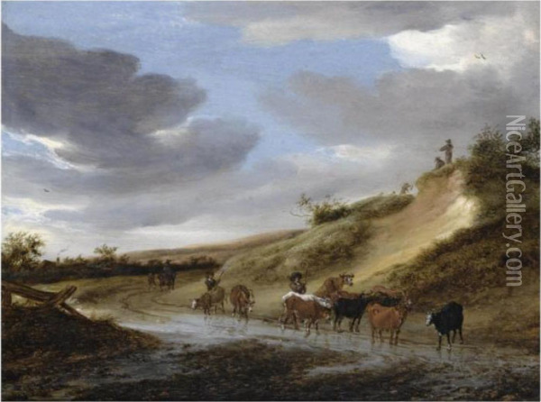 A Dune Landscape With Herdsmen And Their Cattle On A Flooded Path Oil Painting - Salomon van Ruysdael