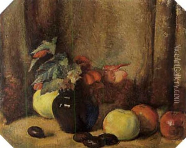 Stilleben: Begonien Und Apfel Oil Painting - Rudolf Loew