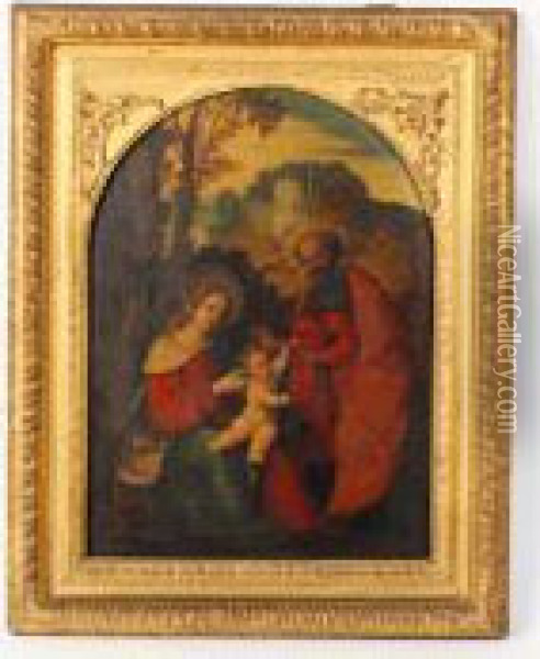 The Virgin And Child With St. Joseph In A Landscape Oil Painting - Ludovico Mazzolino