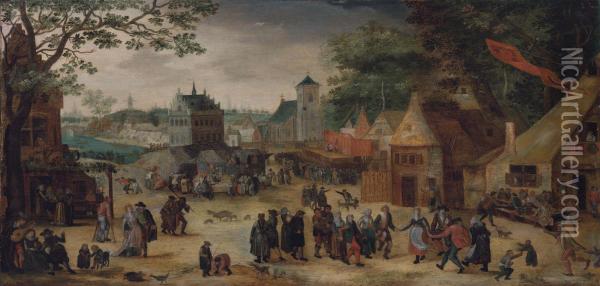 A Village Celebrating The Kermesse Of Saint George Oil Painting - Abel Grimmer