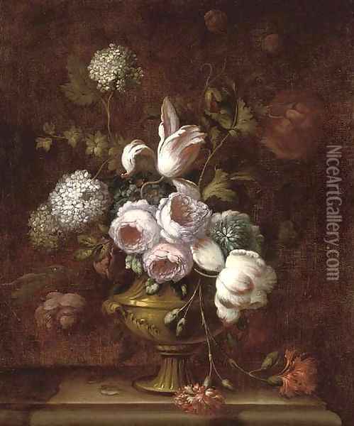 Roses, tulips, carnations, morning glory and other flowers in an urn on a ledge Oil Painting - Jean-Baptiste Monnoyer