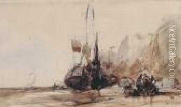 Personnages Et Bateaux Pres De Falaises Oil Painting - Eugene Isabey