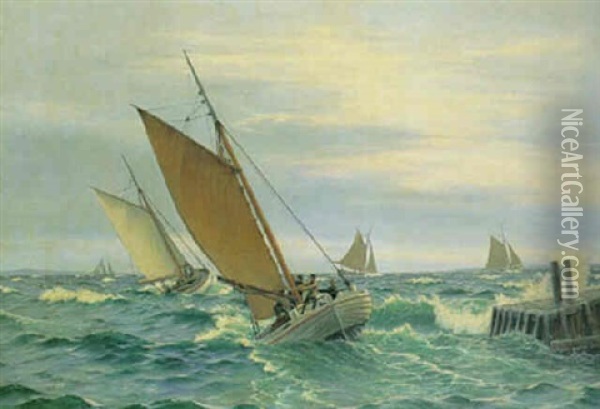 Marine Med Fiskekuttere Ved Molen Oil Painting - Christian Blache