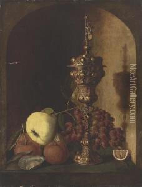 Grapes, A Pear, An Apple, A Lemon, Oysters And A Silver-gilt Cup Ina Stone Niche Oil Painting - Pieter Van Den Bosch
