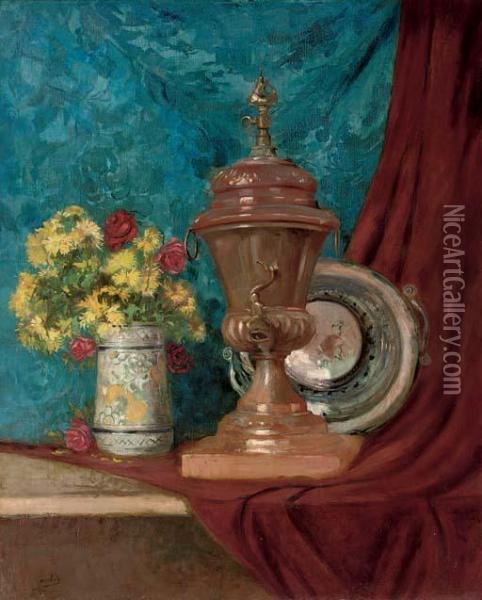 A Vase Of Chrysanthemums Oil Painting - Eugene Henri Cauchois