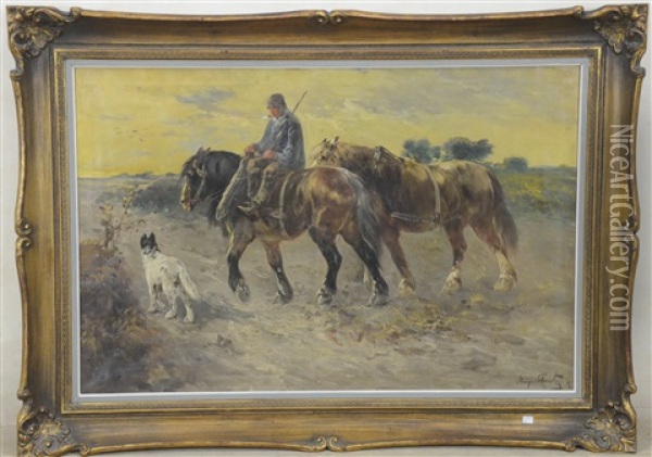 Cultivateur Avec Ses Deux Chevaux Et Son Chien Oil Painting - Henry Schouten