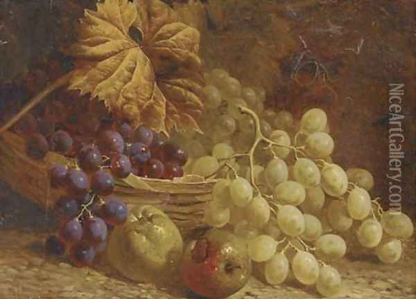 Grapes, apples and a wicker basket Oil Painting - William Hughes