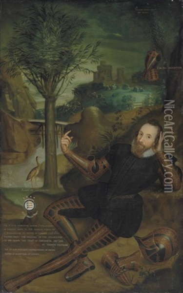 Portrait Of Peregrine Bertie, 13th Lord Willoughby De Eresby (1555-1601), Full-length, In A Black Doublet And Pantaloons, Wearing Damascened Armour, In A Wooded River Landscape By A Waterfall, With A Bridge And A Castle Beyond Oil Painting - Francis Hayman