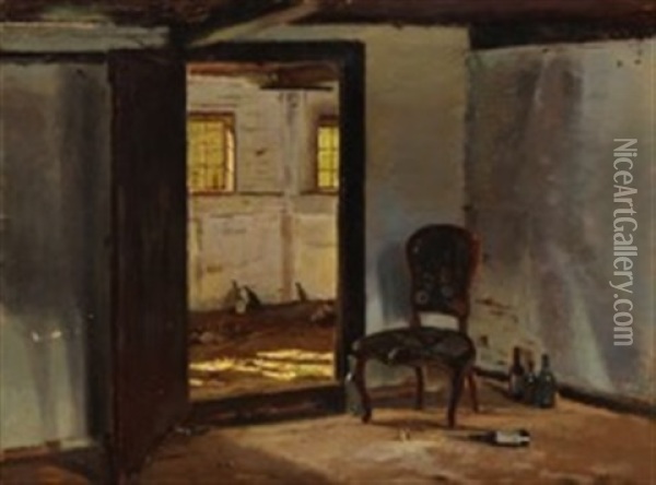 Interior From An Abandoned Farm House With Empty Bottles And A Chair Oil Painting - Hans Ludvig Smidth
