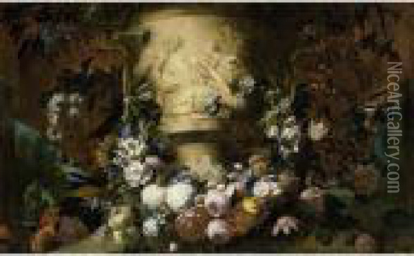 A Garland Of Roses, Tulips, 
Daffodils, Forget-me-nots, Chrysanths, Carnations, Snowballs, Lilies, 
Small Morning Glory, Opium Poppies, Elder And Other Flowers Surrounding A
 Sculpted Marble Vase Showing A Bacchanalian Scene With A Satyr, A View 
Of A Oil Painting - Gaspar-pieter The Younger Verbruggen
