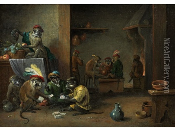 Spielende Affen Im Hollandischen Interieur Oil Painting - David Teniers the Younger