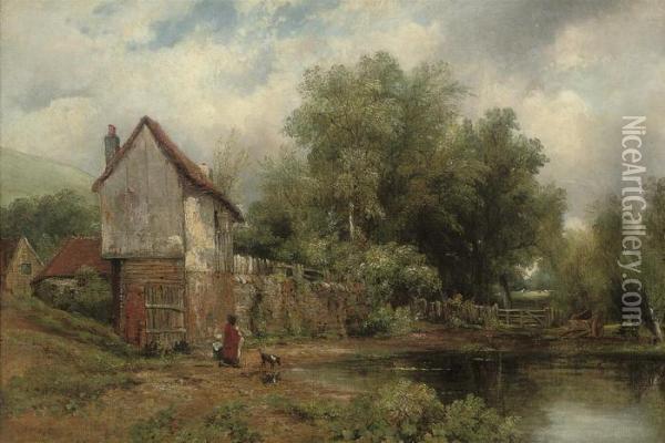 Wooded Landscape With Farm Buildings Beside A Pool Oil Painting - Frederick Waters Watts
