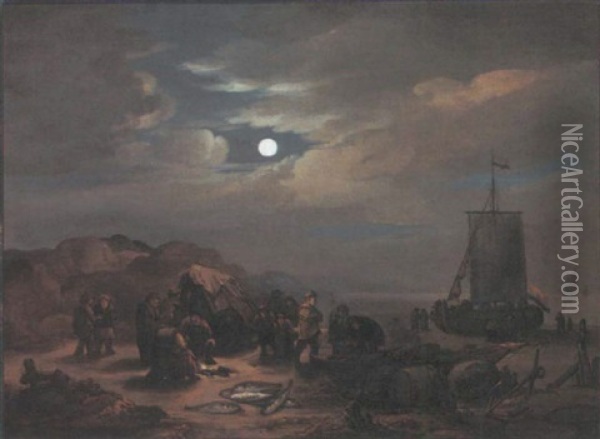 A Moonlit Beach Scene With Fishermen Unloading Their Catch Oil Painting - Egbert Lievensz van der Poel