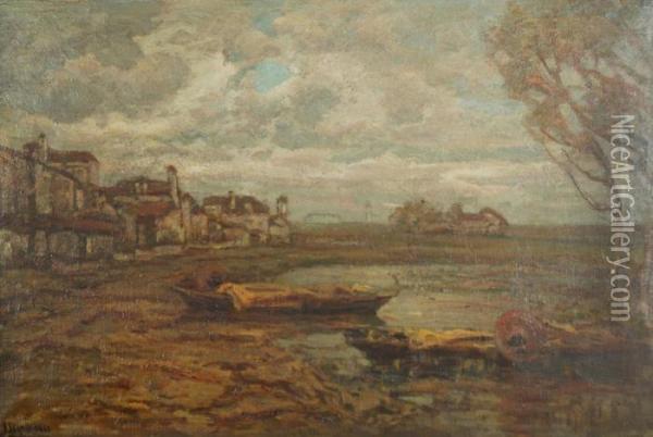 Scorcio Di Paese Con Laghetto Con Barche In Primo Piano Oil Painting - Francesco Sartorelli
