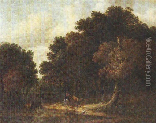 A Wooded Landscape With A Herdsman Watering His Cattle At A Pool Oil Painting - Lambert Hendriksz van der Straaten