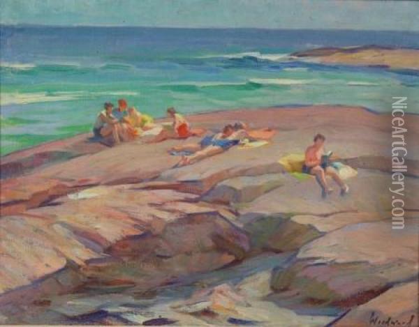 People On Rocks Oil Painting - Mabel May Woodward