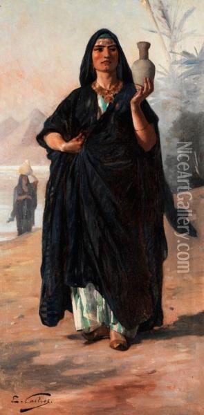 Junge Agypterin Am Nil Mit Hochgehaltenem Wasserkrug Oil Painting - Edouard Castres