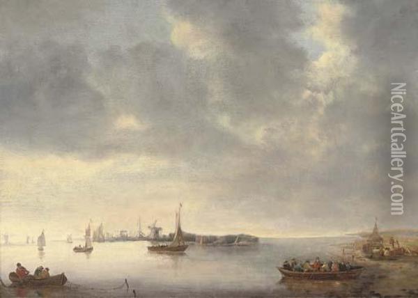Fishing Boats And Other Shipping Near A Dutch Town Oil Painting - Jan van Goyen