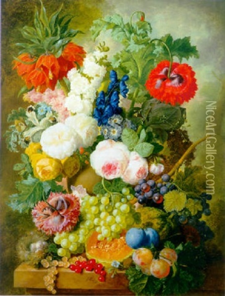Roses, Poppies, A Crown Imperial Lily And Other Flowers In A Terracotta Vase, With Grapes, Plums, A Melon And A Birds' Nest Oil Painting - Jan van Os