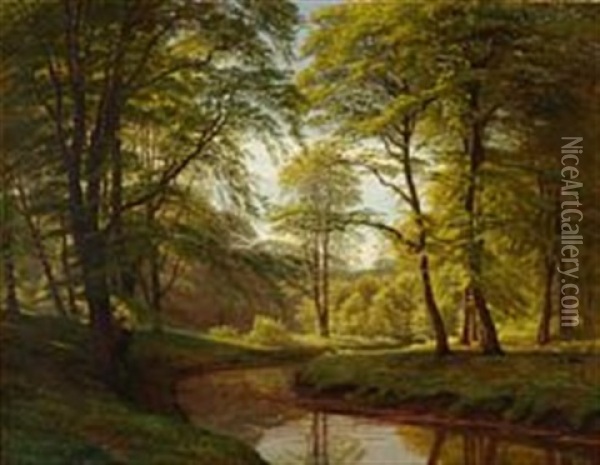 Forest Scene With A Stream Oil Painting - Gotfred Christian Rump