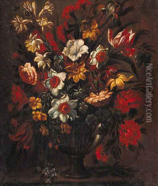 Tulips, daffodils, roses, carnations and other flowers in a vase, on a stone ledge Oil Painting - Bartolome Perez