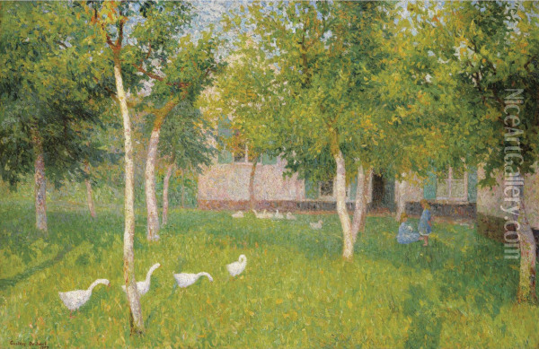 Oies Dans Un Jardin Avec Deux Enfants Oil Painting - Gustave De Smet