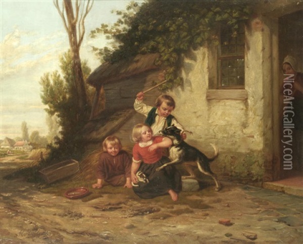 Children Defending A Kitten Oil Painting - Hendrick Joseph Dillens