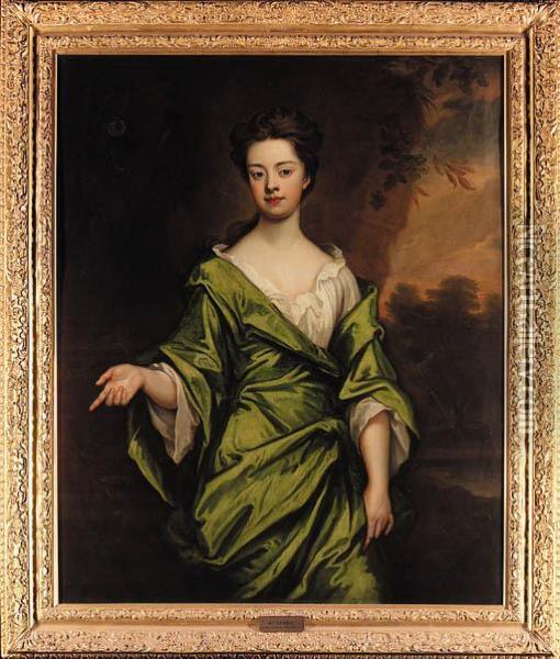 Portrait Of Mrs Harris, 
Three-quarter-length, In A Green Dress,seated In A Wooded Landscape Oil Painting - Sir Godfrey Kneller