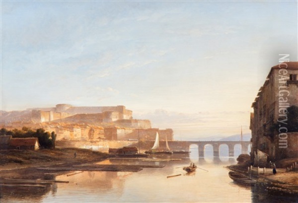 A Sunlit View Of A City Along A River, Probably Koblenz With The Ehrenstein Castle Oil Painting - Kasparus Karsen